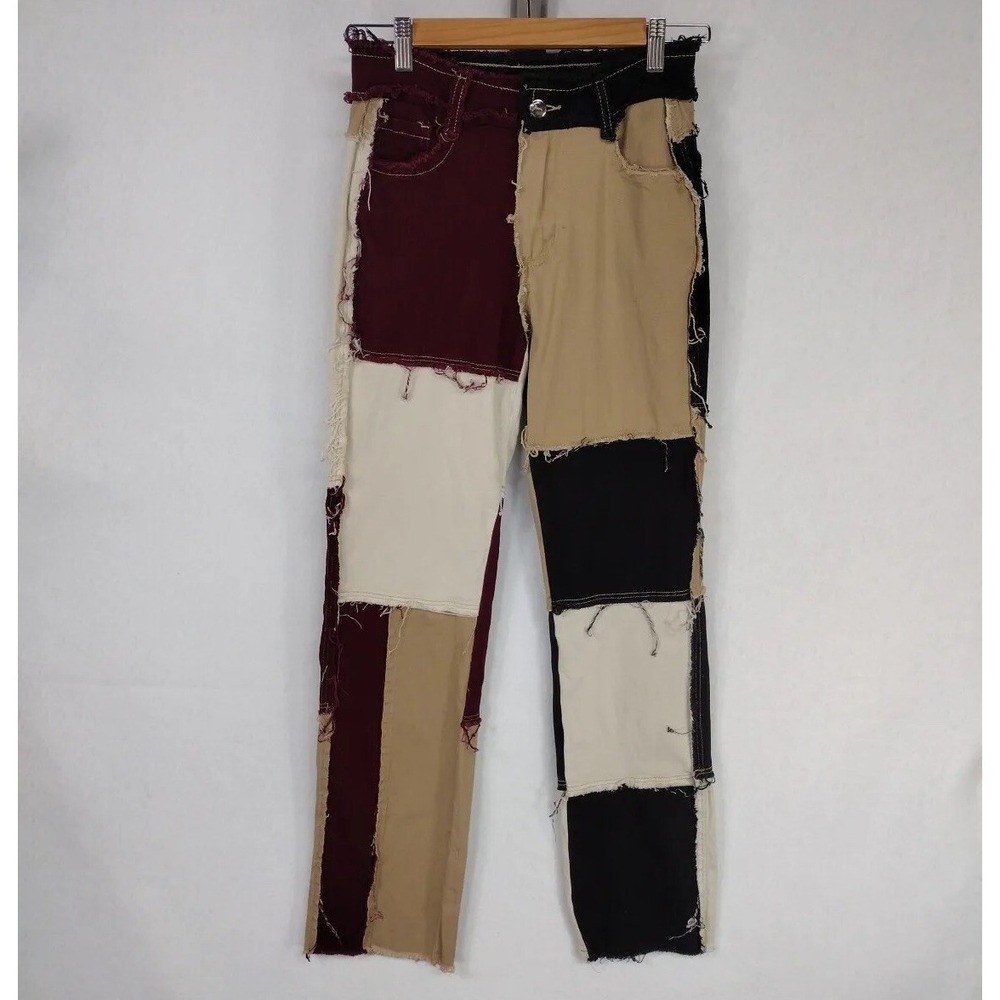 Jeans Womens S Patchwork Straight Leg Multicolor Y2K Distressed Frayed Denim